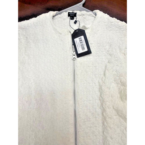 JIFFY POP ZIPPER CARDIGAN Aleeza Paris White Silver Zip Crinkle Top Sz Large NEW - Picture 3 of 10